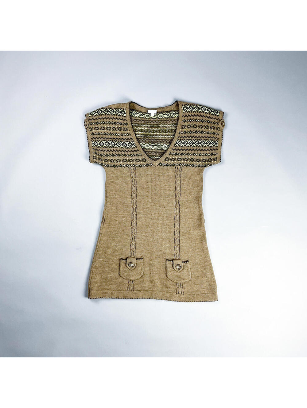 Y2K Knit Mini Dress with Patterned Top and Buttoned Pockets